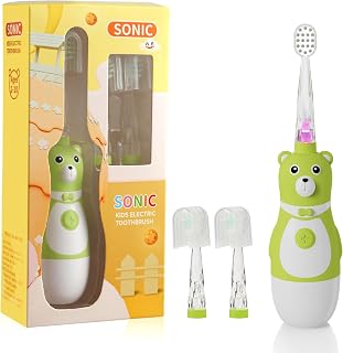 Sanguisync Kids Electric Toothbrush, Battery Operated Fun Bear Design Sonic Toothbrush for Toddler Ages 2-10, 2 Mins Timer, Soft Bristles, 2 Replacement Heads, 3 Brushing Modes for Teeth Cleaning
