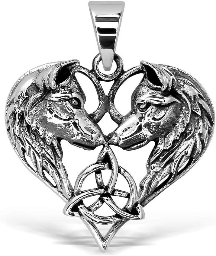 WithLoveSilver 925 Sterling Silver Celtic Heart Love 2 Wolfs Amulet Trinity Triquetra Pendant