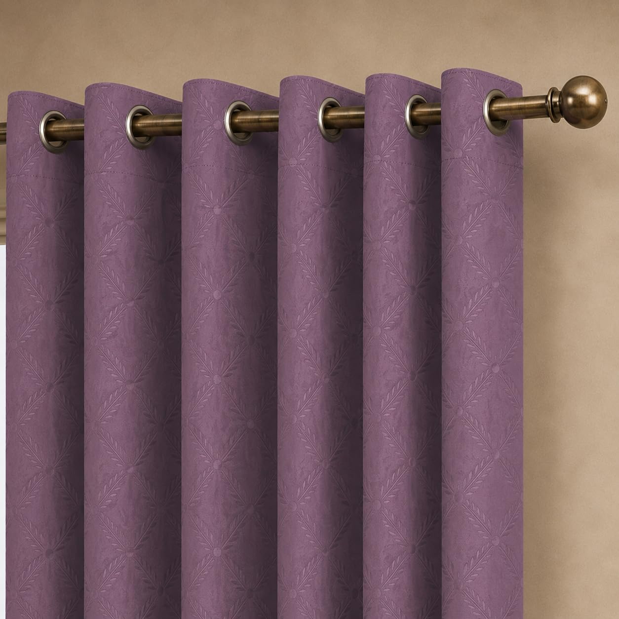 LINENWALAS 100% True Blackout Door Curtains 7 Feet Long Set of 2 | Embossed Moonlight Design | Room Darkening Curtain | Thermal Insulated Curtains for Living Room, Bedroom (129 x 215 cm, Lilac)
