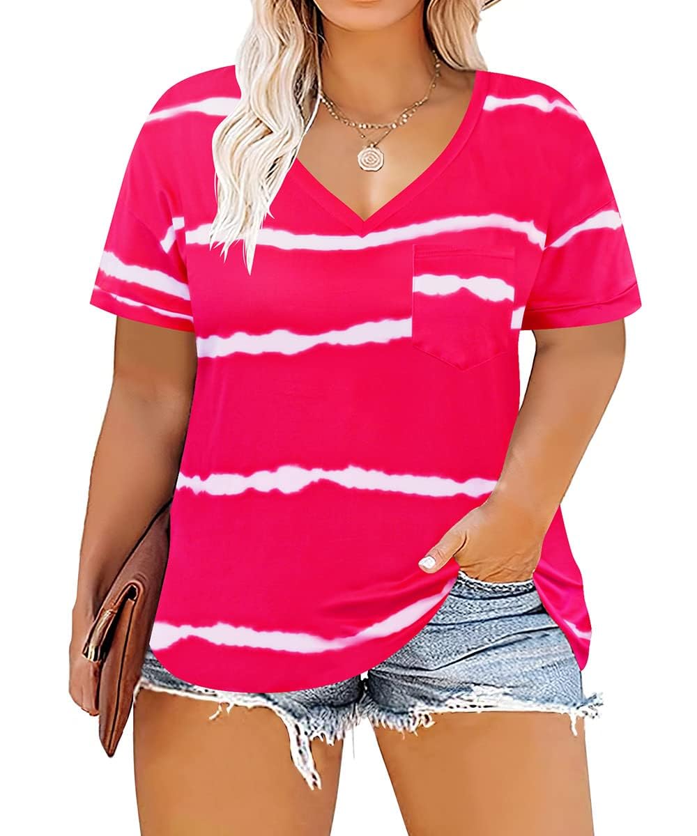 TIYOMI Plus Size Tops for Women Short Sleeve T Shirt V Neck Basic Summer Casual Soft Tunic Tie-dye/Floral/Aniaml Color XL-5XL