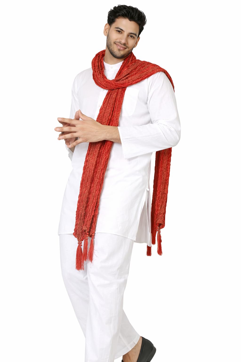 Banarasi Men's Red Crinkle Dupatta for Kurta and Sherwani, Decorative Golden Foil Work,Tassel Dupatta for Wedding, Religious & Festive Occasions-image-39