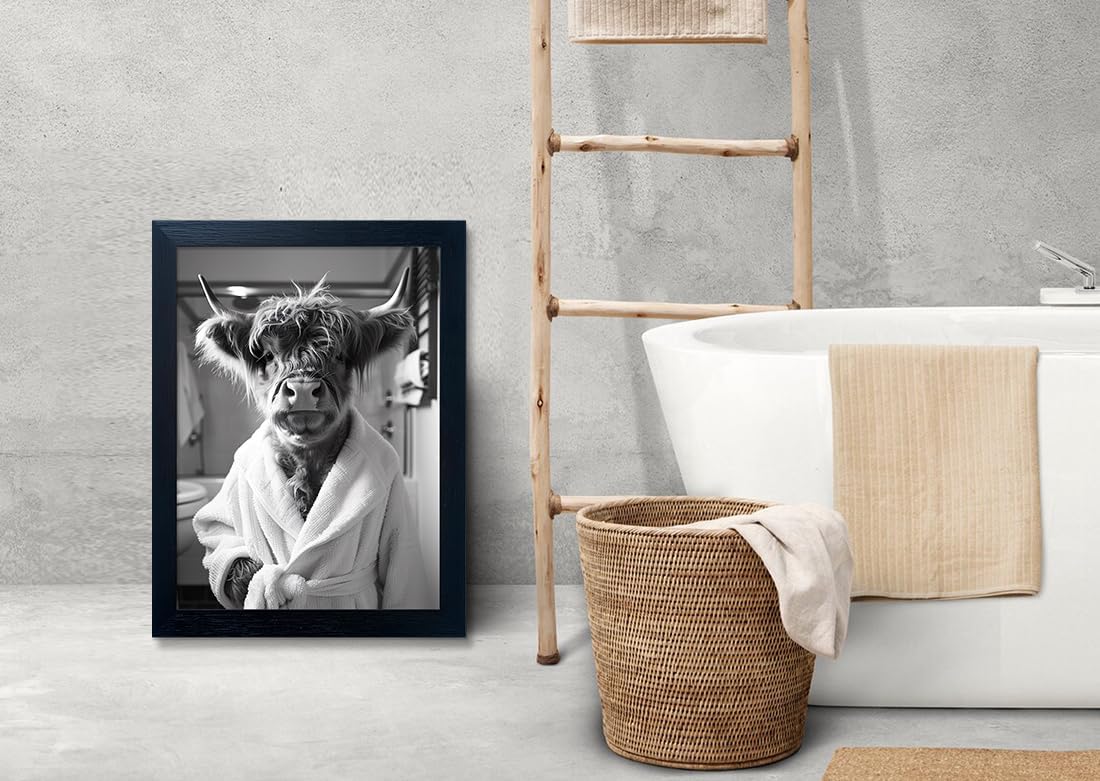 Highland Cow Brushing Teeth Bathroom Wall Decor, Black and White Bathroom Wall Art, Framed Funny Cow Pictures Guest Room Decor