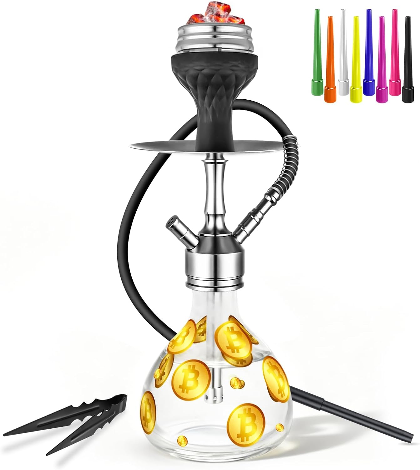 14" Glass Hookah Set Aluminum Portable Hookah Set With Everything - Gold Coin Glass Vase,Hookah Charcoal Holder Include Hookah Accessories (Gold Coin)