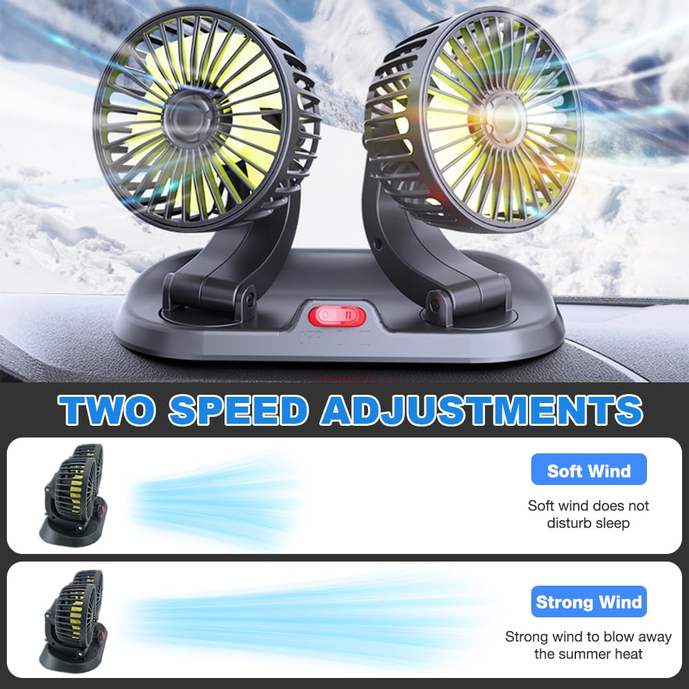 Ventilatore da Auto 12V a Doppia Testa, Afenau Ventilatore Auto Accendisigari con 2 Velocità, 360 gradi Ventilatore per Auto, Ventilatore 12 Volt per Camper SUV RV Caravan Furgone Camion