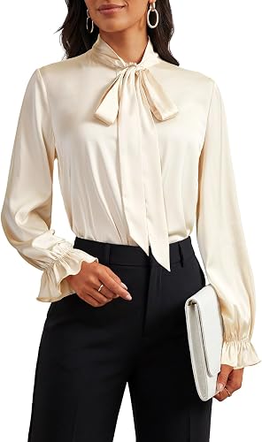 Vrtige Women's Bow Tie Neck Ruffle Long Sleeve Satin Button Down Business Blouse