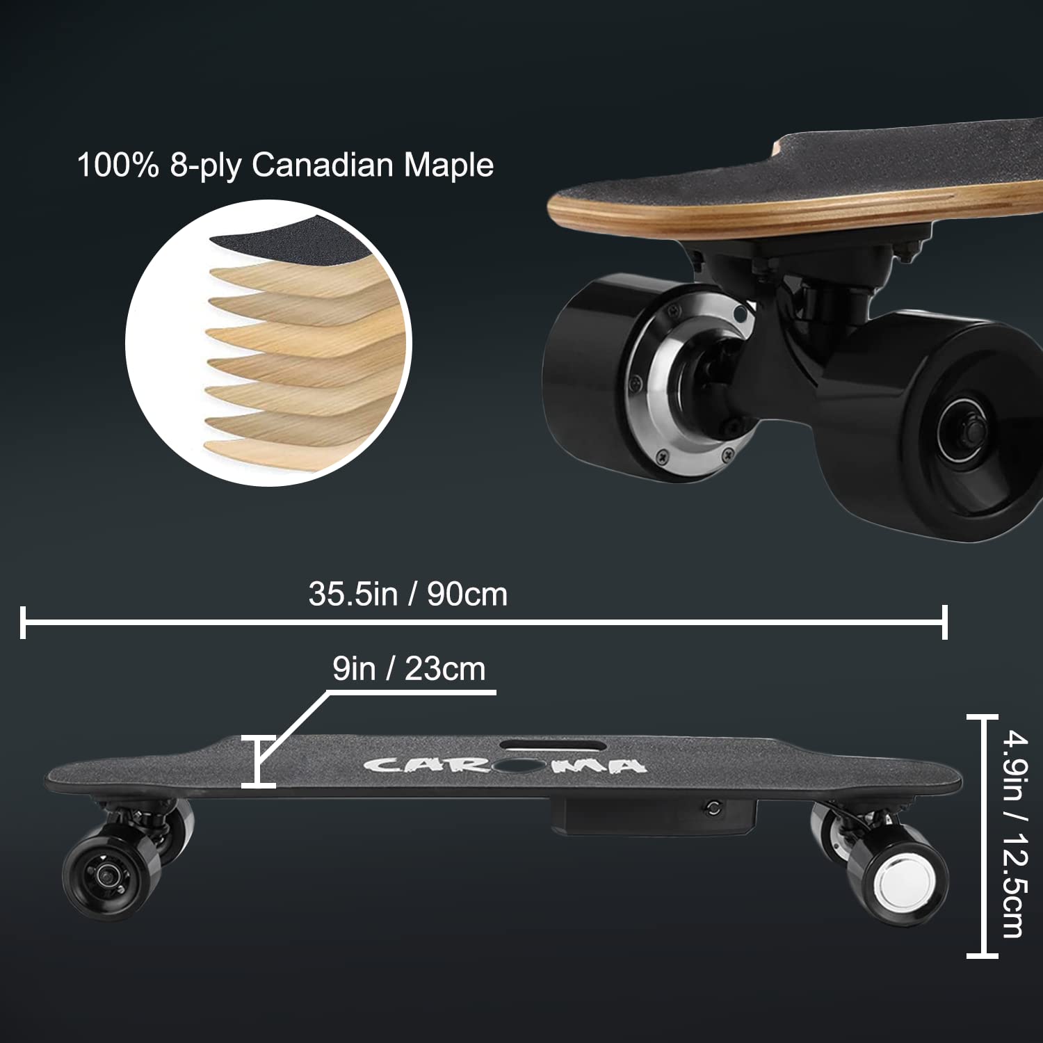 Caroma Electric Skateboard with Remote, 700W Electric Longboard for Adults Teens,18.6MPH Top Speed, 12Miles Range, 3 Speed Modes, 8 Lays Maple, 220 Max Load, 12 Months Warranty