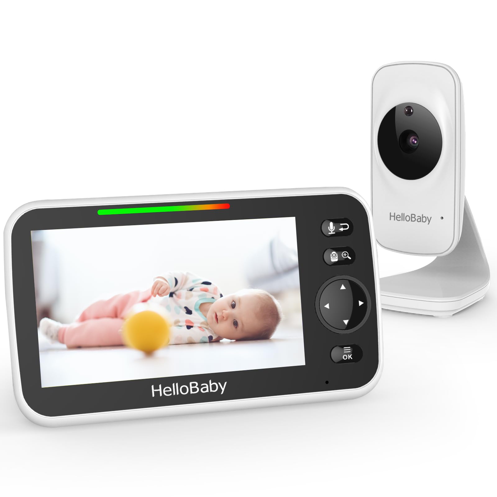 HelloBaby Babyphone Videokamera für Babys mit Kamera und Nachtsicht, 5 Zoll (12,7 cm) LCD-Farbbildschirm, Nachtsichtkamera, Infrarot-Modus, ECO-Modus, Anzeige der Schlaftemperatur