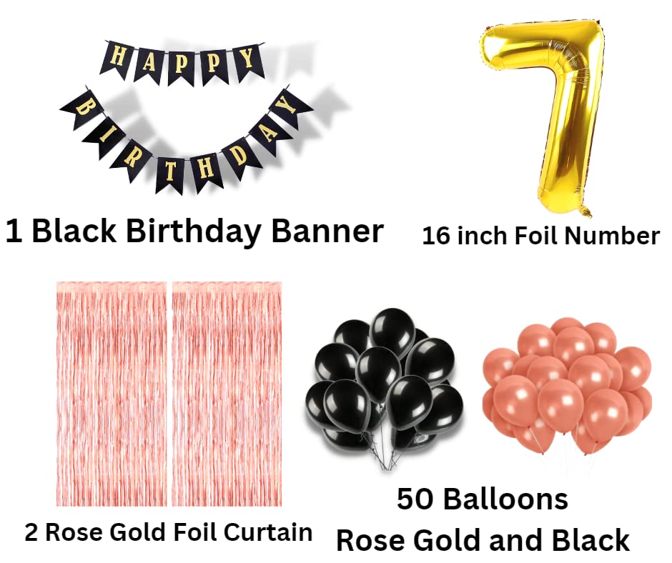 Image of 7th Birthday Decoration items for Girls with Black and Rose Gold Balloons, Black Happy Birthday Banner, Rose Gold Foil Curtain, Foil Balloon number 7