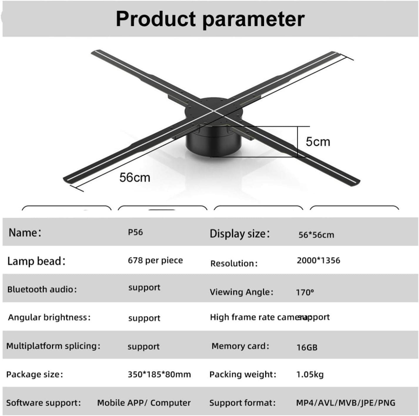 VCHICS 3D Holographic Fan with dimensions 56cm width and 5cm height