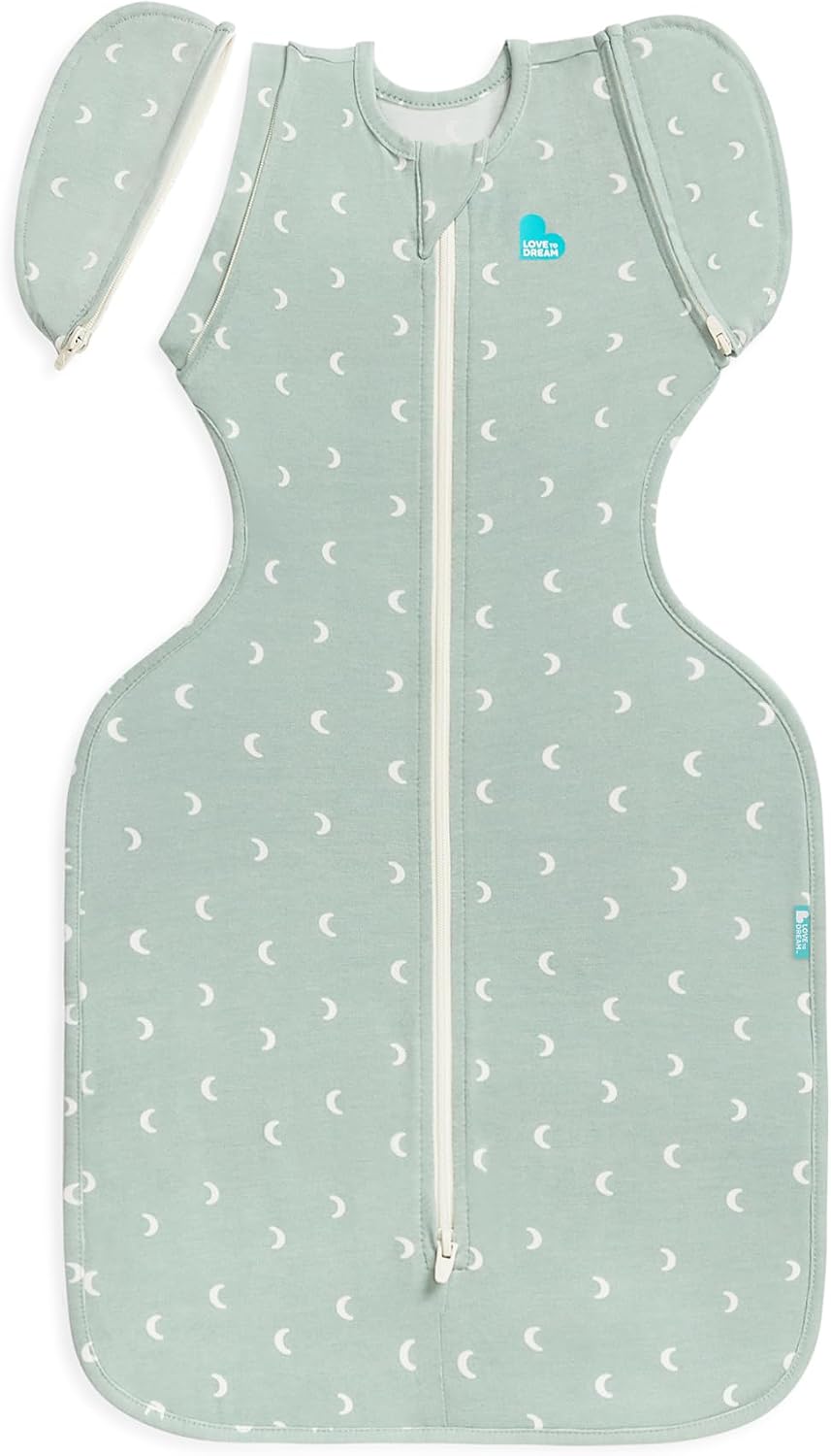 Love to Dream Swaddle Up Transition Bag Original, Arms Up Position, Light and Ultra Breathable Cotton - Sleep Bag - 1.0 TOG - (20-24°C) Ideal for Moderate Temps, Moon Olive, Small, 8-13lbs