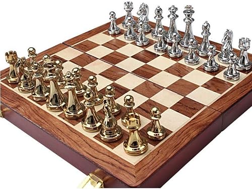 ROLTIN Juego de ajedrez de regalo de metal brillante dorado y plateado Piezas de ajedrez de madera maciza Plegable Tablero de ajedrez profesional de