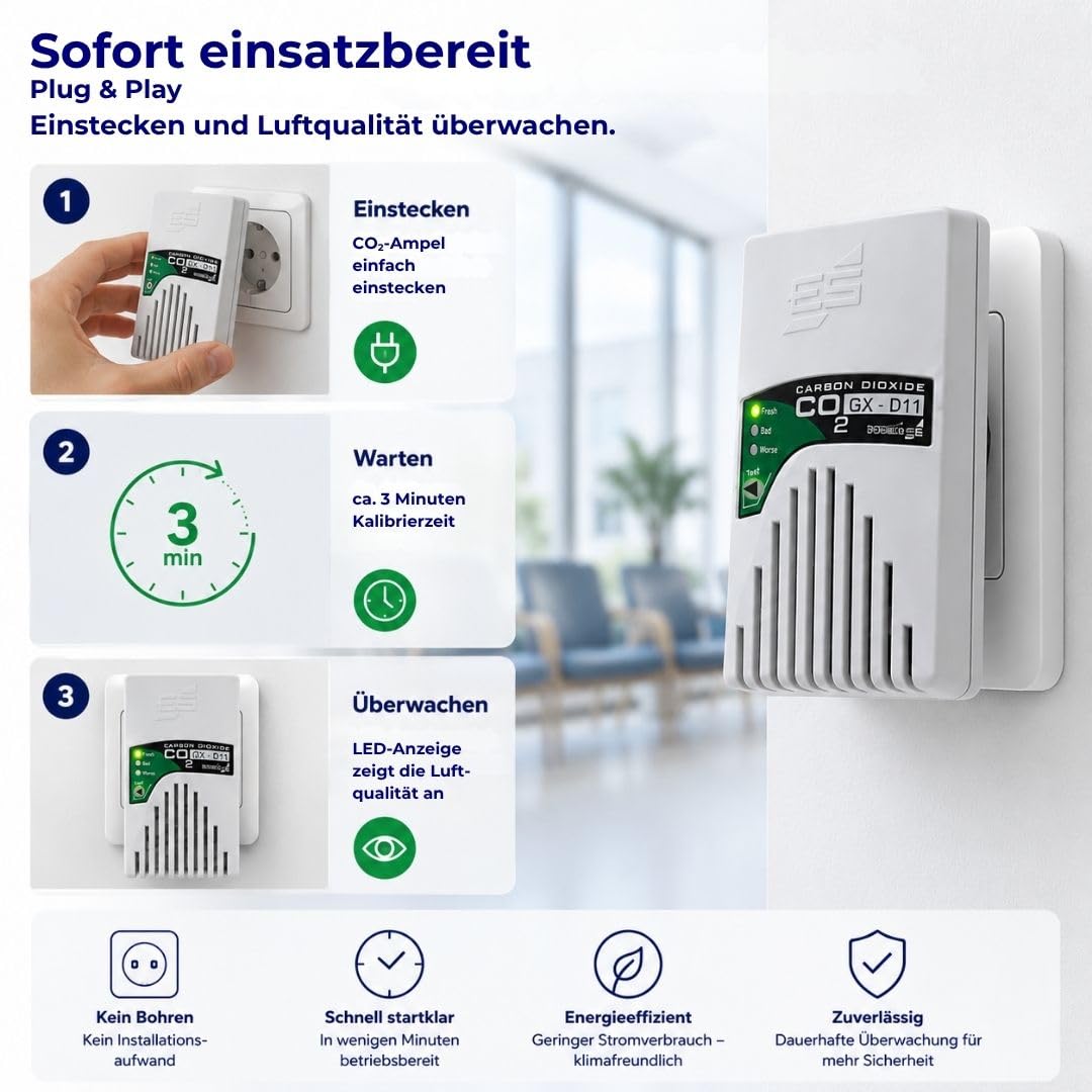 Schabus GX-D11 CO₂ Steckdosen-Ampel ideal für Arztpraxen | Plug & Play CO₂-Warngerät, LED-Ampel (grün/gelb/rot), Akustisches Signal, Automatische Kalibrierung