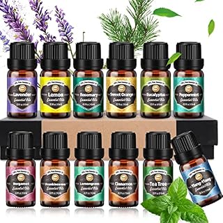 Essential Oils for Diffusers for Home, Diffuser Oil 12x10 mL Lavender, Eucalyptus, Lemon, Lemongrass, Sweet Orange, Tea Tree, Peppermint, Bergamot, Frankincense, Rosemary, Cinnamon, and Ylang-Ylang