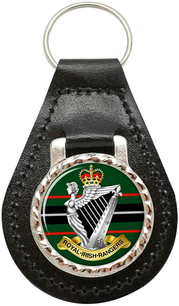 Giftshop Uk Unisex Black Leather And Silver Metal Royal Irish Rangers, British Army Leather Key Fob