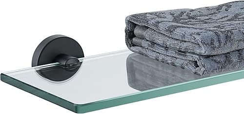 JQK Estante de vidrio para baño negro, almacenamiento de ducha de vidrio templado de 16 x 5 pulgadas, montaje en pared negro mate de acero