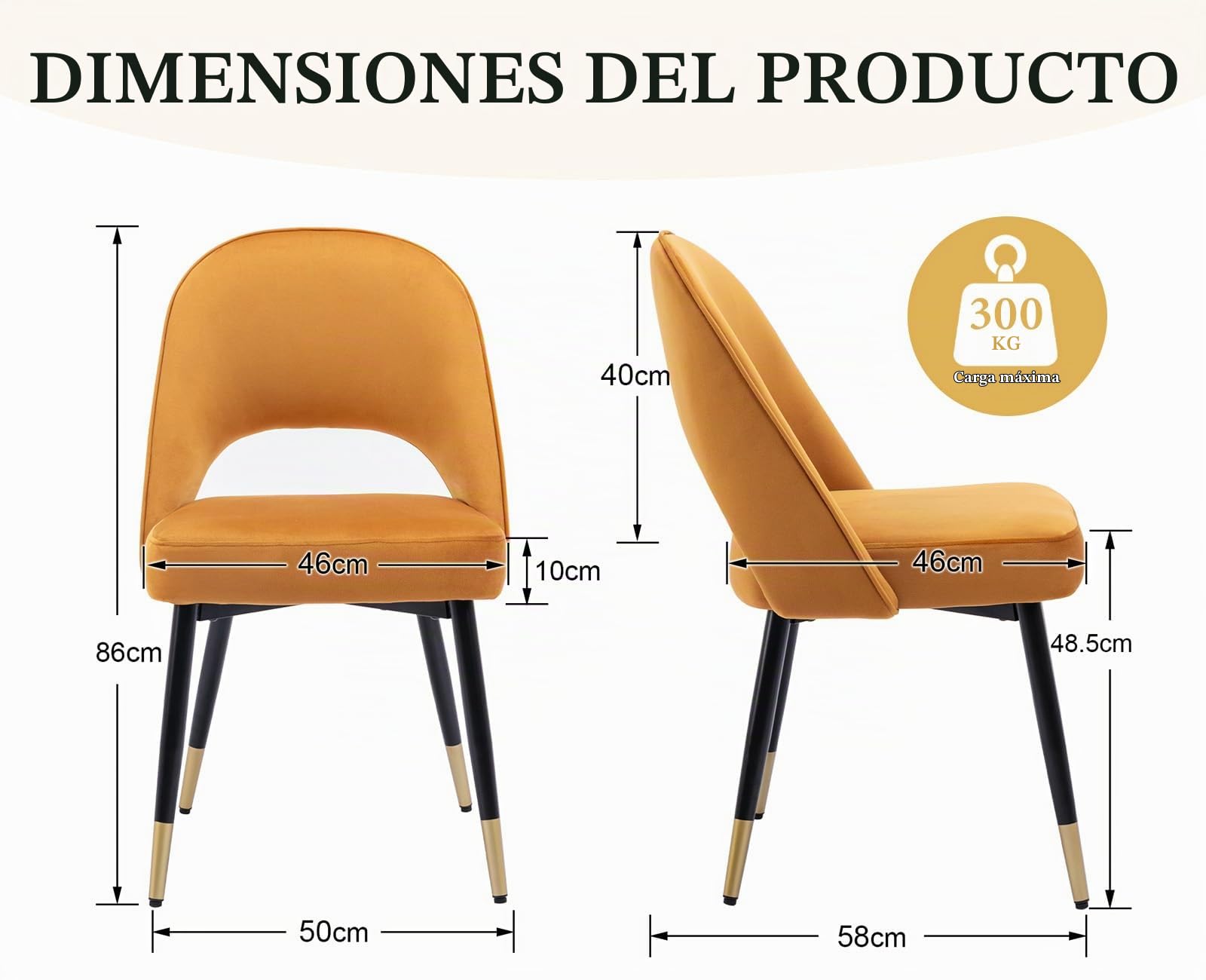 chairus 2PCS Sillas de Comedor Elegante de Terciopelo, Amarillo | Elegante, Respaldo Hueco, Patas Metálicas, Estilo Moderno