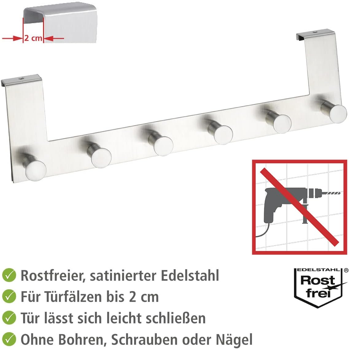 WENKO 4468060100 Door Clothes Rack Celano 6 Hooks, Metal Stainless Steel, 39 x 11 x 5.5 cm, Matt