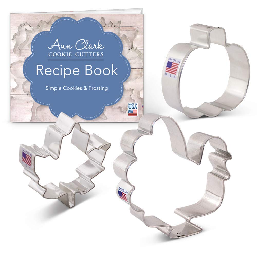 Thanksgiving and Fall Holiday Cookie Cutters 3-Pc. Set Made in USA by Ann Clark, Maple Leaf, Turkey, Pumpkin