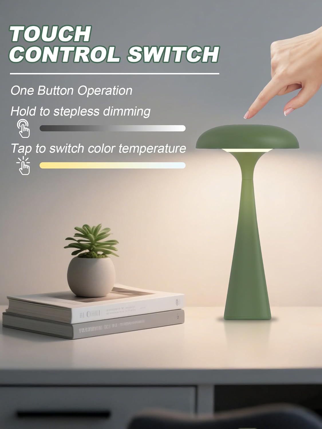 Cordless Table Lamp,Rechargeable Desk Lamp,LED Reading Light with 3 Colors,Mushroom Lamp with Touch & Dimmable,Bedside Lamps for Bedroom Living Room Dorm Decor(Green)