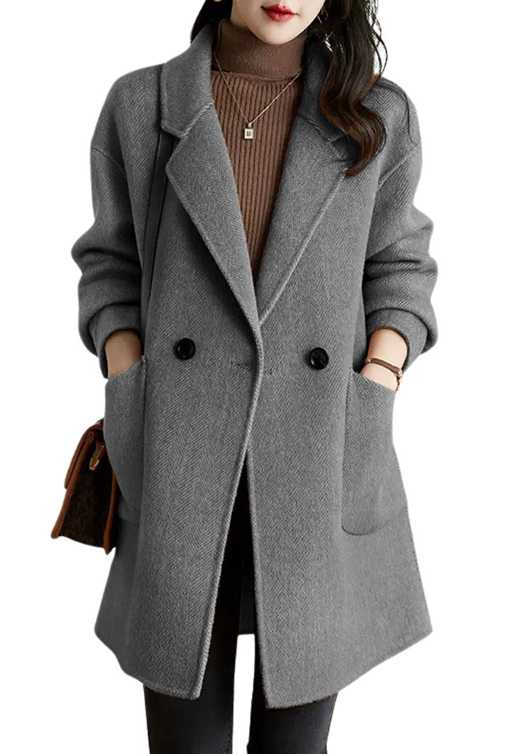 chouyatou Women's Notch Lapel Herringbone Wool Coat Formal Office Work Double Breasted Winter Pea Coat-picture-30