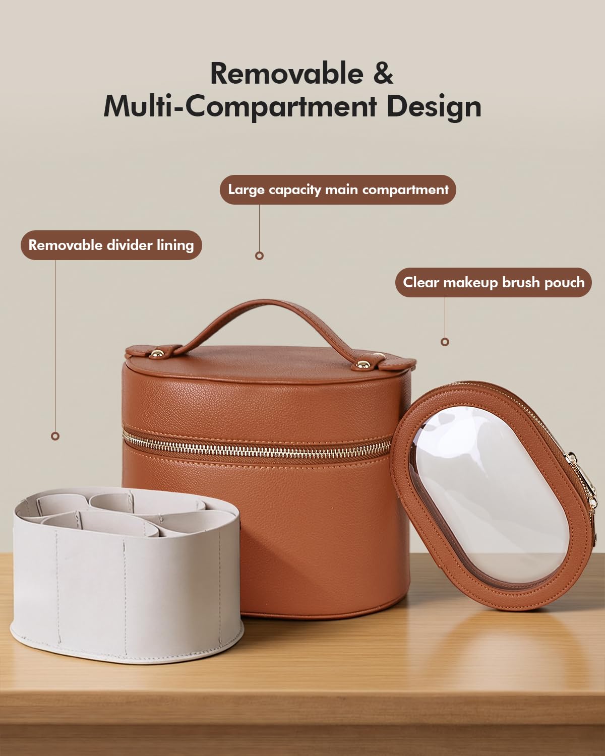 Prite 2 Pcs Trousse Maquillage Femme Vanity Case Voyage Portable Trousse de Toilette Cuir Rigide avec Séparateur et Trousse à Brosse Amovibles (Marron)