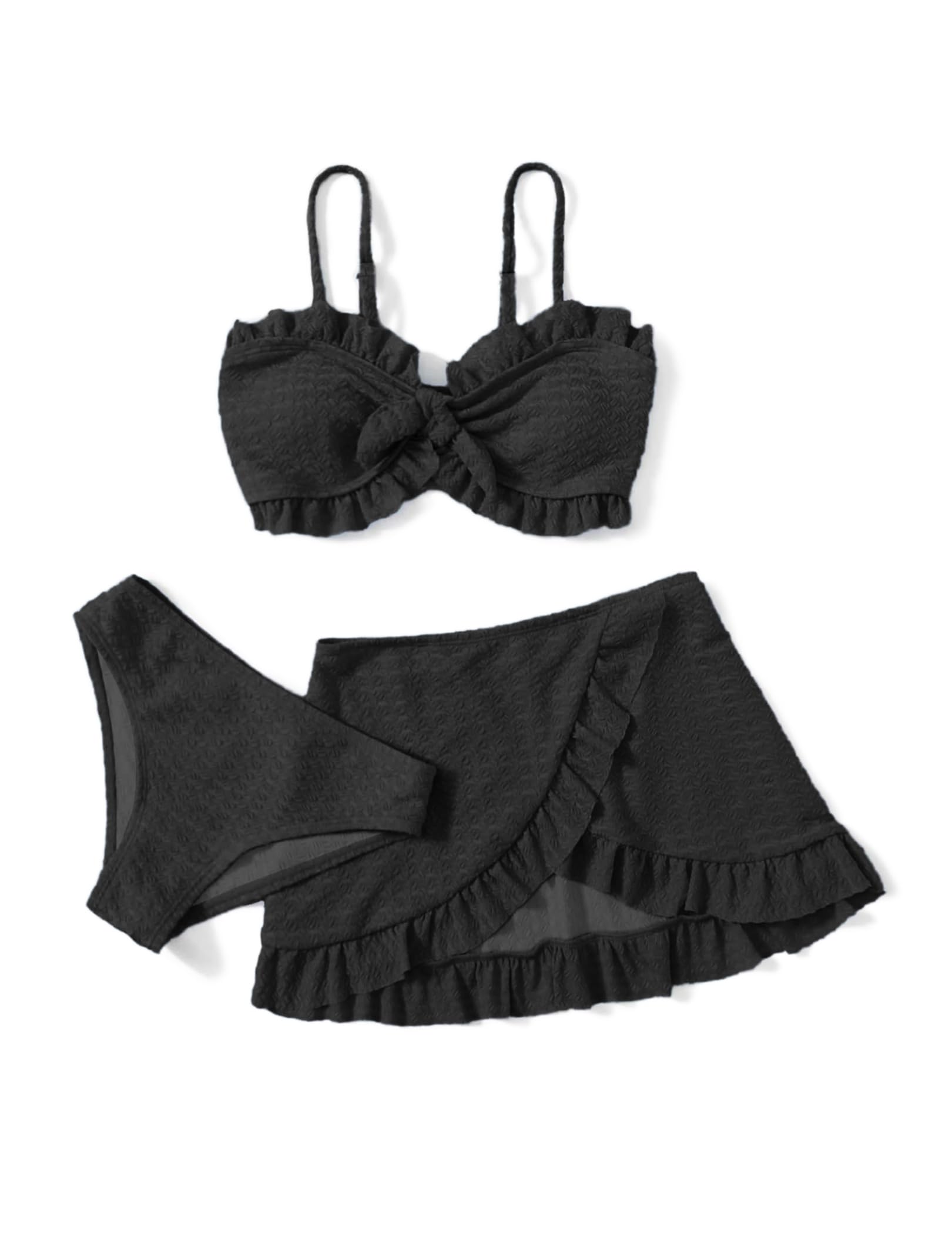 Arshiner Mädchen 3-teilige Krawatte Front Ruffle Trim Bikini Set Sommer Strand Bademode Top+Rocks +Slips Badebekleidung Kinder Badeanzüge mit Rock Bademode Schwimmanzug für Mädchen 4-13 Jahre