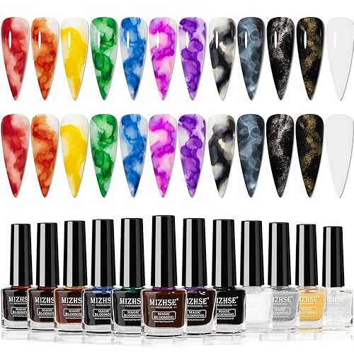 MIZHSE 12 PCS Esmaltes de Uñas de Mármol, Gel Floreciente Tinta de Mármol para Uñas Dorado Azul Morado Tinta de Uñas Acuarela Gel Mágico Floreciente