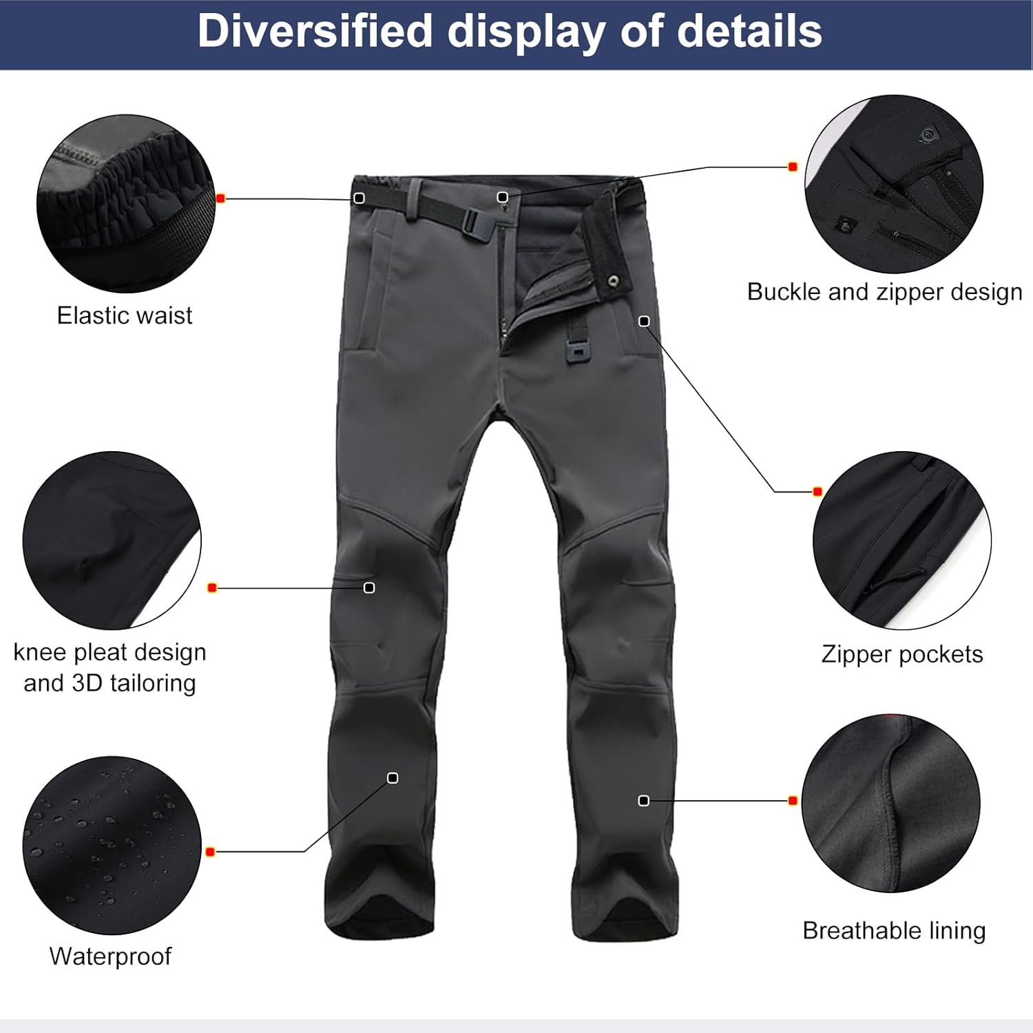 HYCOPROT Men's Snow Ski Pants Waterproof Softshell Outdoor Fleece Lined Snowboard Hiking Pants with Belt