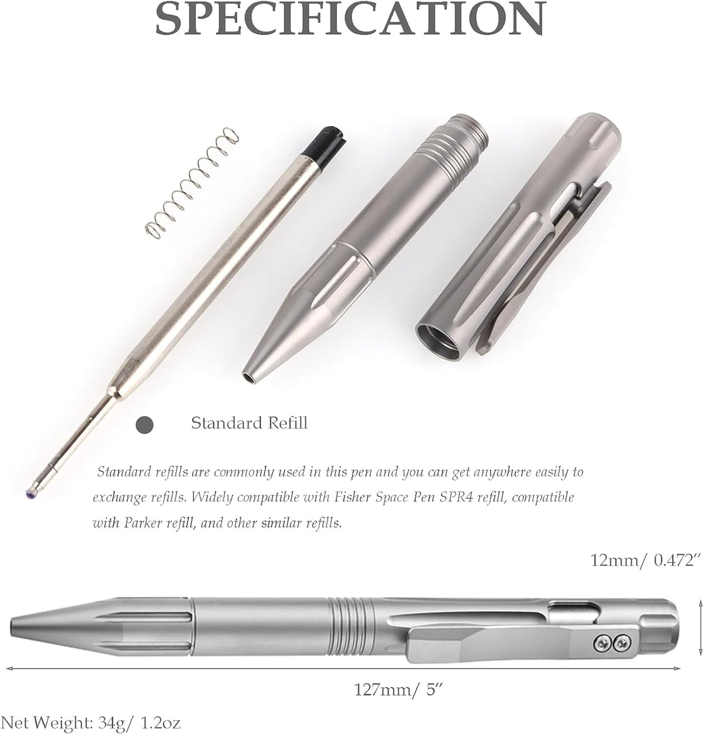 Hamans Titanium Bolt Action Pen Ballpoint Pen Writing Pen with Pocket Clip Refillable Compact Size