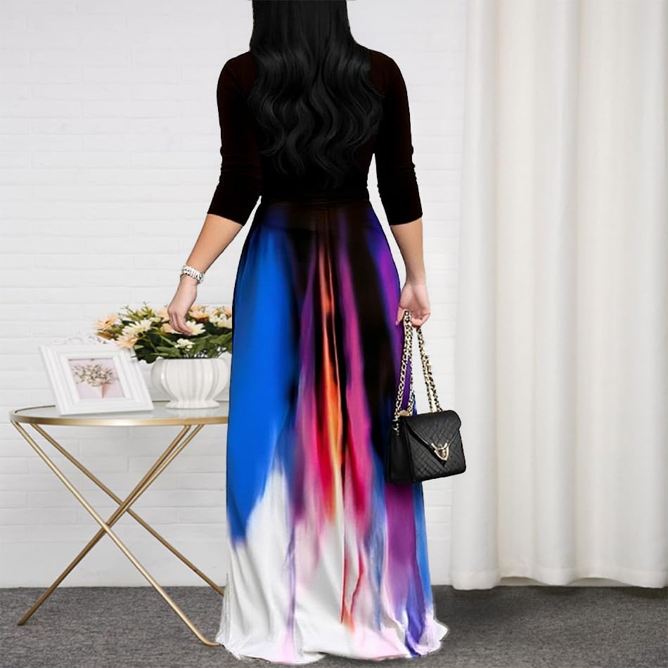 Image of CaniBtr Maxi Dresses for Women Plus Size 3 /4 Sleeve Long Dress with Belt | Versatile plus-size maxi dress,wrap v-neck + waist tie craft soft glamorous looks easily for everyday casual outings