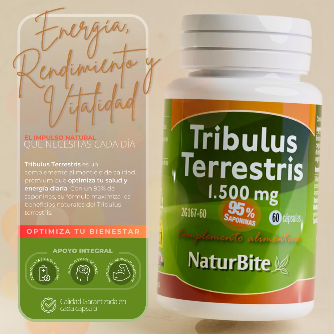 Tribulus Terrestris 1500mg en cada Cápsula 95% Saponinas 250 Cápsulas, NaturBite. Salud Masculina y Cardiovascular. Optimiza las funciones masculinas y la energía, ayudando a la recuperación muscular
