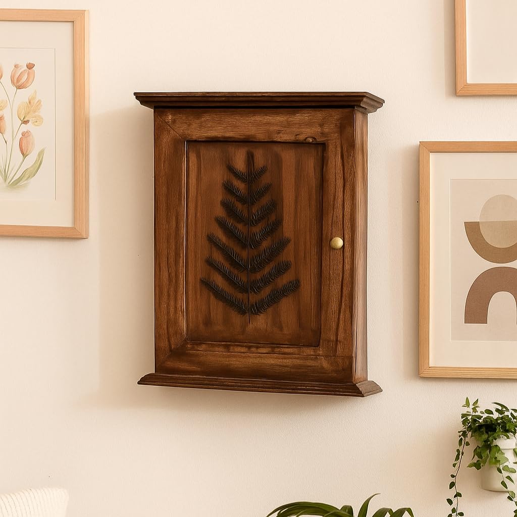 The Decor Nest Rustic Wooden Key Holder with Door, Wall Mount, Brown with Decorative Leaf Design for Home Decor and Gifting-image-25