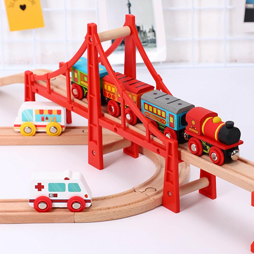 HOMSFOU Wooden Train Bridge Track Red Arch Compatible with Brio Train Track Set for Kids Wooden Railway Expansion and Creative Play - Image 4