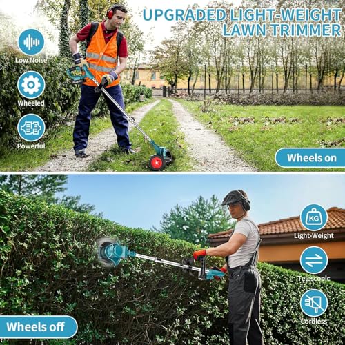 Rasentrimmer mit 2 x 3.0 Akku Freischneider Rasenmäher Schneider heckenschere für Gardena unkrautbürste mit Abnehmbare Rollen,Sägeblatt,Balkenmäher – Bild 6