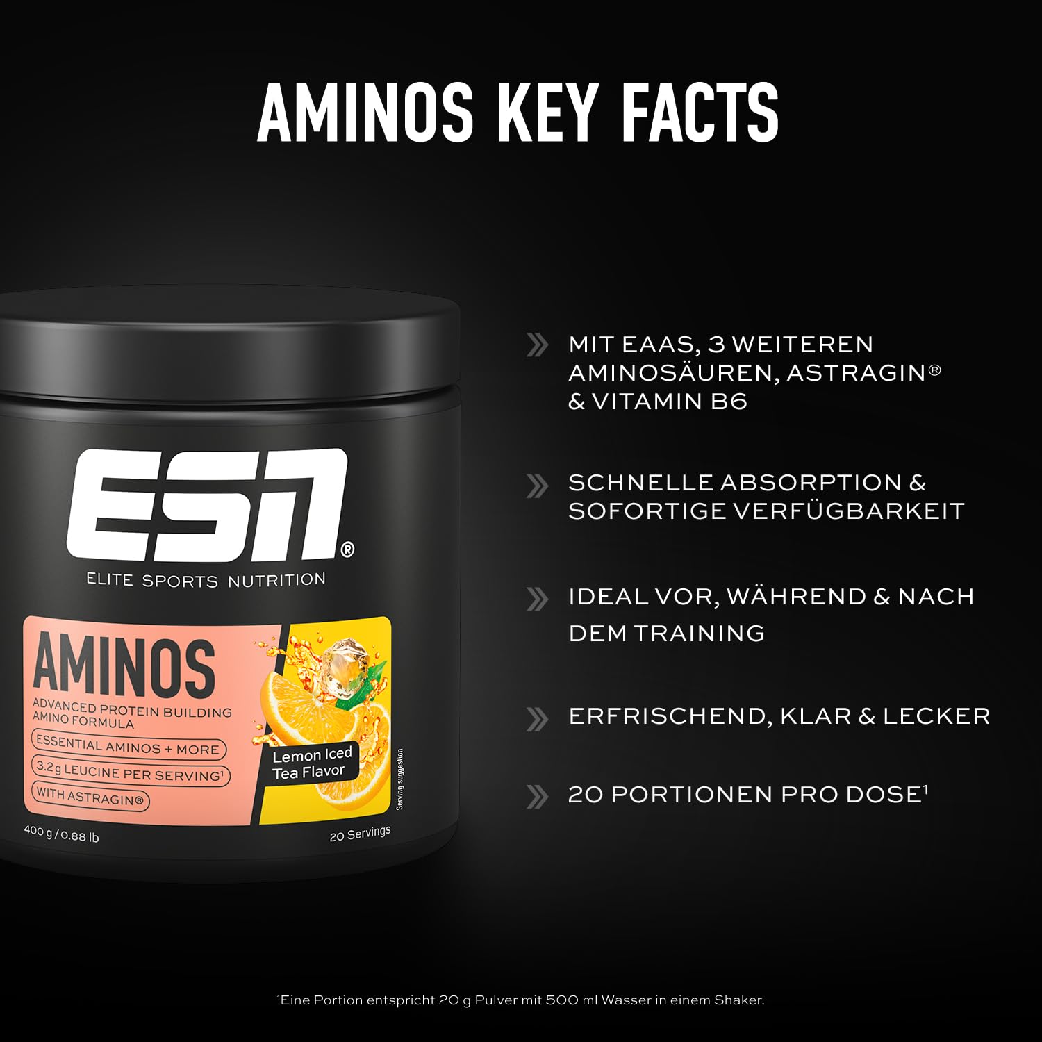 ESN AMINOS, Lemon Iced Tea, 400 g, feines Amino-Pulver mit essentiellen Aminosäuren & Astragin, 3,2 g Leucin pro Portion, ideale Löslichkeit, vegan - made in Germany