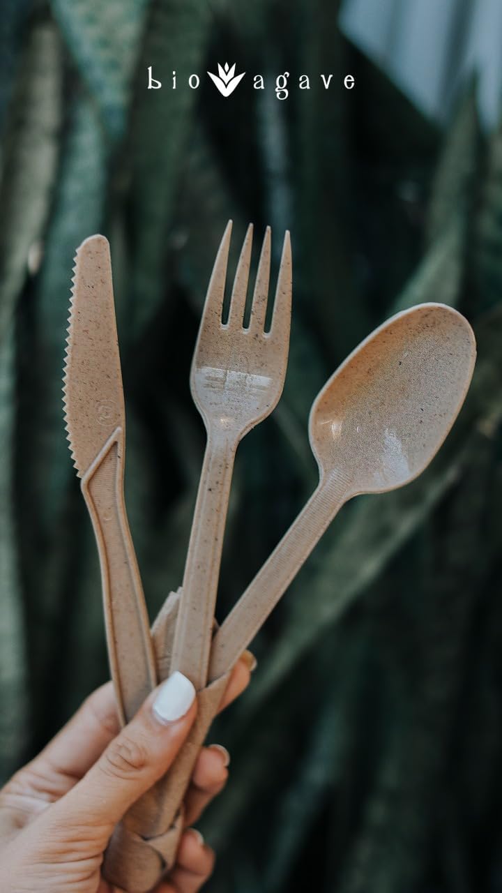 Eco Cutlery Kit – 180 Sets of Biodegradable Agave Fiber Forks, Knives & Spoons with Napkin | Durable Compostable Tableware for Steak, BBQ, and Meals To-Go