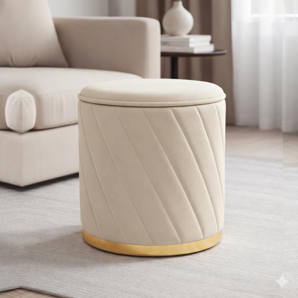 Luxury Velvet Ottoman Stool for Living Room & Bedroom | Premium Round Pouffe with Gold Metal Base | Modern Footrest, Extra Seating & Home Décor (Reddish-Brown)-image-46