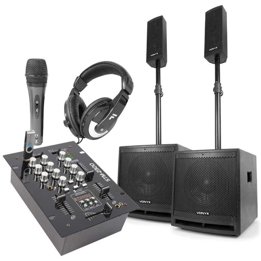 VONYX Kit Sono DJ 2.2 avec Table de Mixage et Accessoires DJ Inclus - Idéal pour Animer Vos Soirées