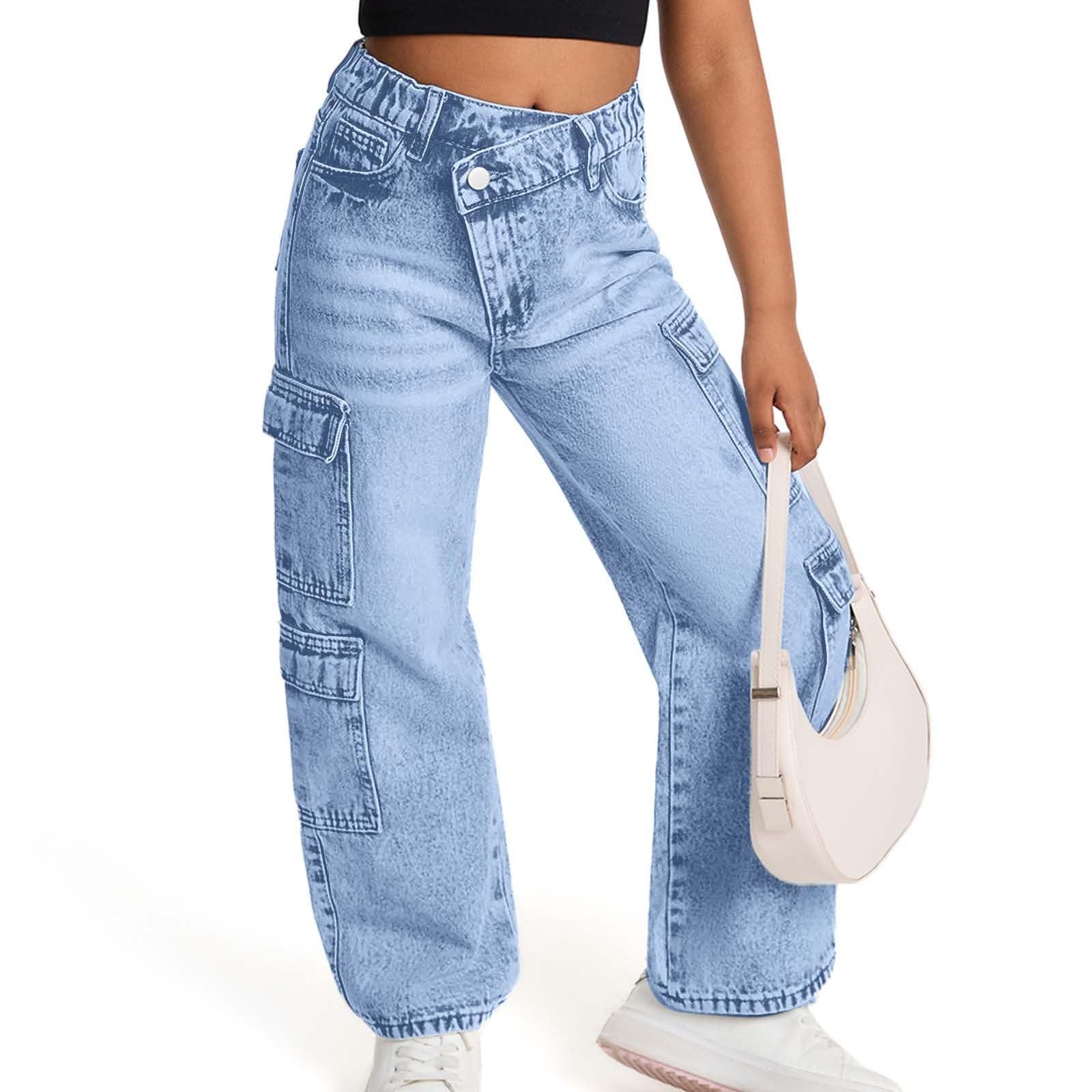 Jeans Larghi per Ragazze - Jeans Cargo per Ragazze Pantaloni in Denim Lavato Effetto Consumato con Tasche Multiple Pantaloni Estivi Comodi e Larghi per Bambine dai 6 ai 13 Anni