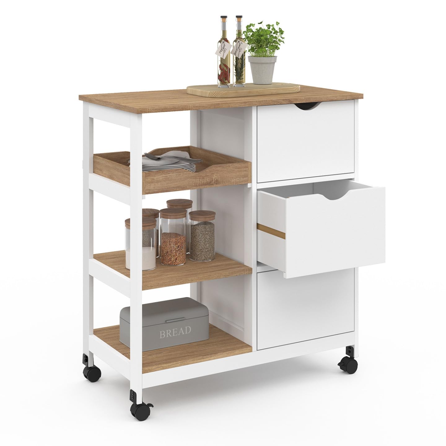 IDMarket - Carrito de cocina MUNA 3 cestas + 1 bandeja extraíble blanca y efecto haya L.76 cm