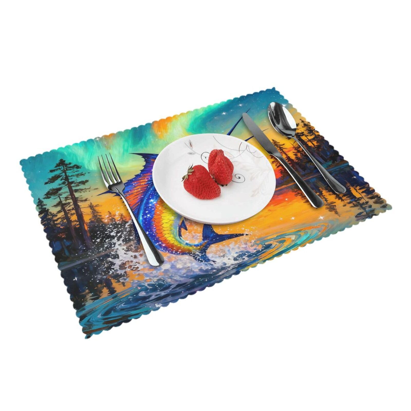 Colorful Marlin Aurora Sky Placemats Set of 4 Print Table Mats Place Mats Table Decor for Kitchen Dining 12X18 in