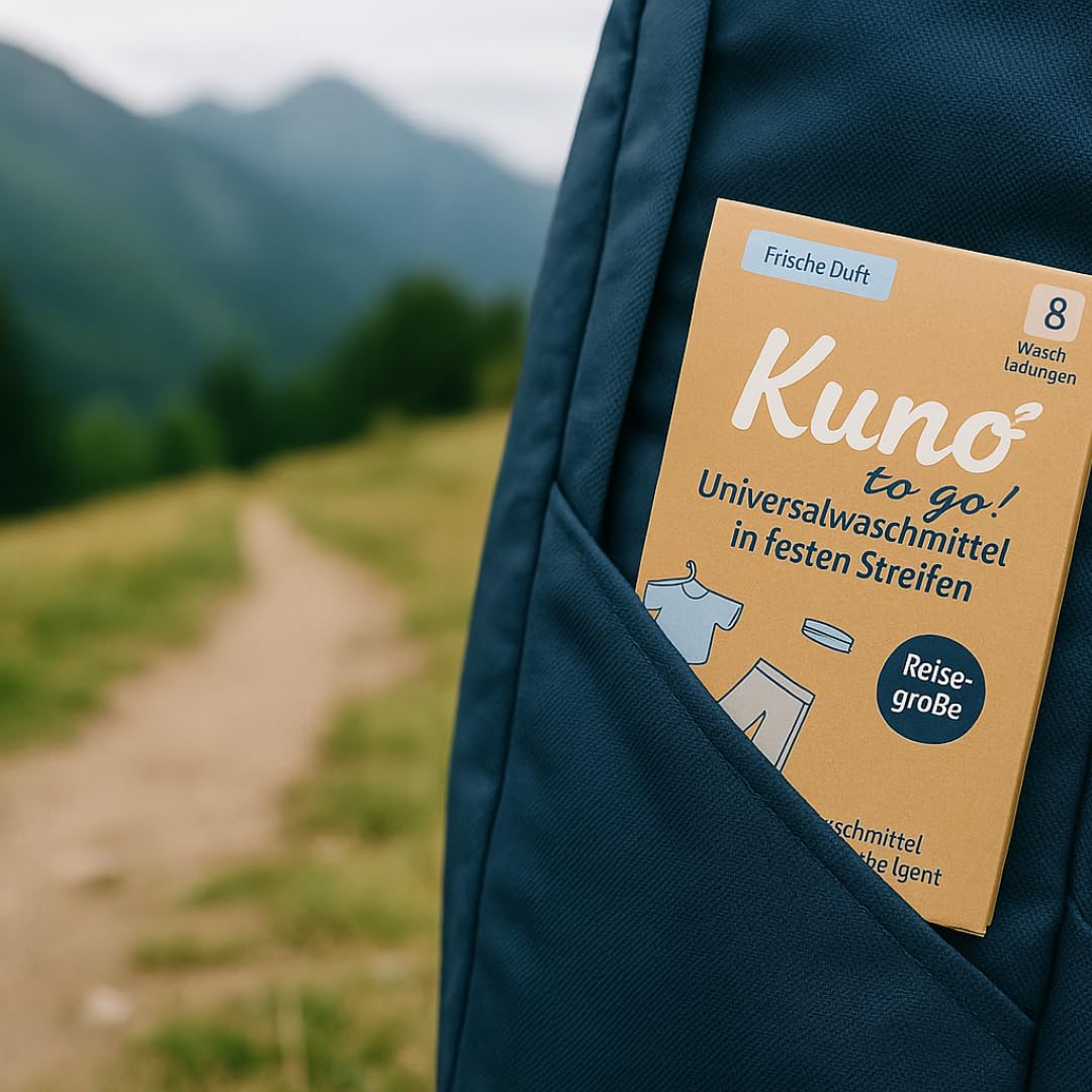 Kuno to Go – Reisewaschmittel - Waschmittel für unterwegs | 8 Waschladungen | Ohne Flüssigkeit | Ideal für Reisen, Camping & Handwäsche