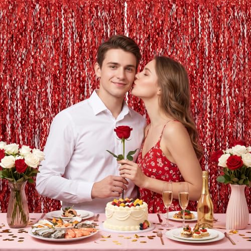 Image of TONIFUL 2Pcs Wavy Red Metallic Tinsel Foil Fringe Curtain Laser Streamers | 3.3ftx6.6ft Photo Booth Backdrop Tinsel Streamer Curtain, Props for Bachelorette Birthday New Year Graduation Christmas Decor