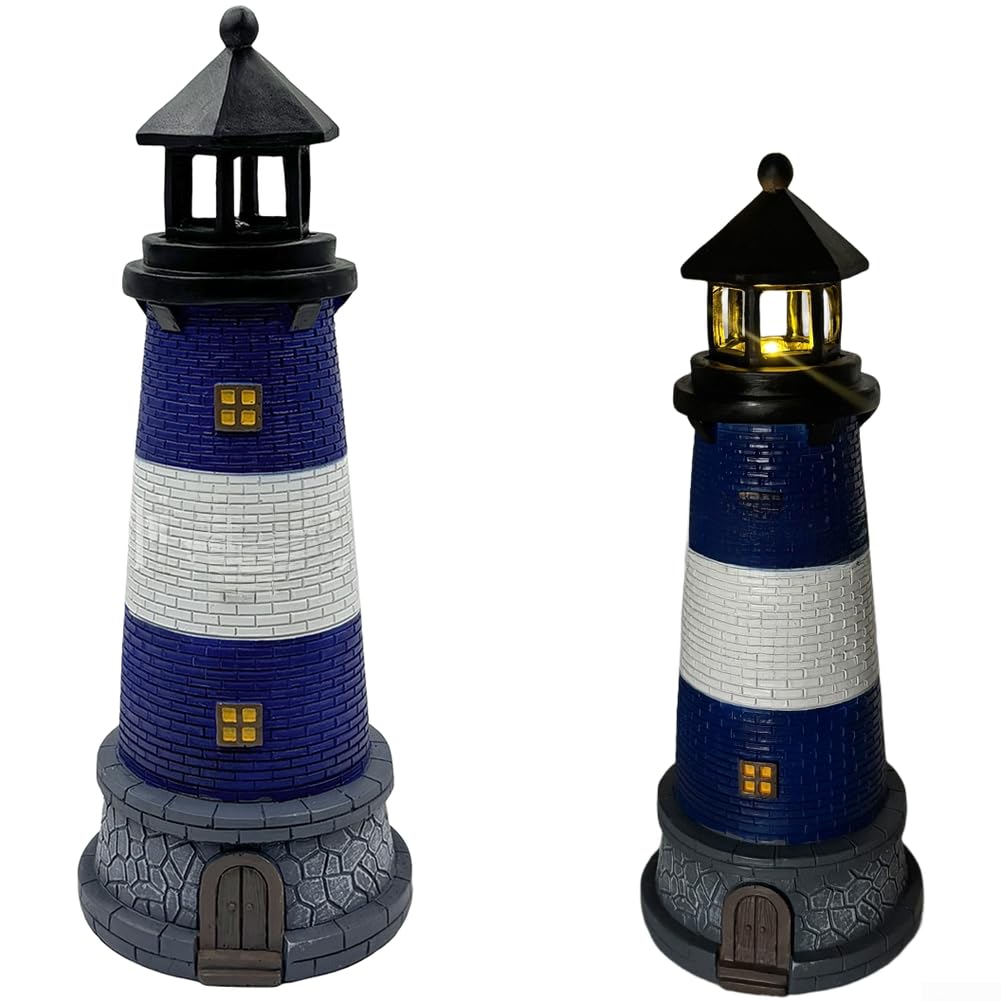 Solar Powered Resin Lighthouse Garden Statue With Automatic Light Sensor For Outdoor Lawn Patio Yard Decor And Red (A)