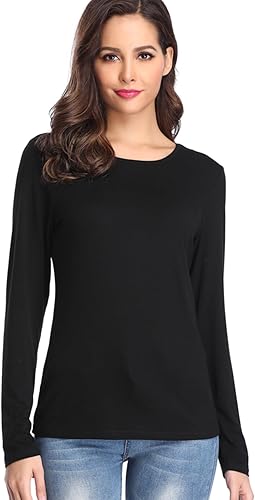 Miniatura 2 de Camiseta de manga corta Fuinloth para mujer, básica, de manga larga, cuello redondo, ajustada, camiseta de elastano, camiseta lisa para llevar