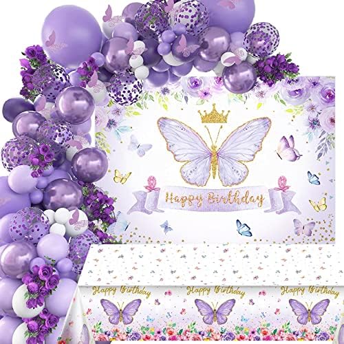 Butterfly Birthday Party Decorations Girls - 124PCS Butterfly Party Supplies, Balloon Arch/Garland Kit, Butterfly Backdrop, Tablecloth, Latex Balloons, Metallic Balloons, 3D Butterfly Wall Decors