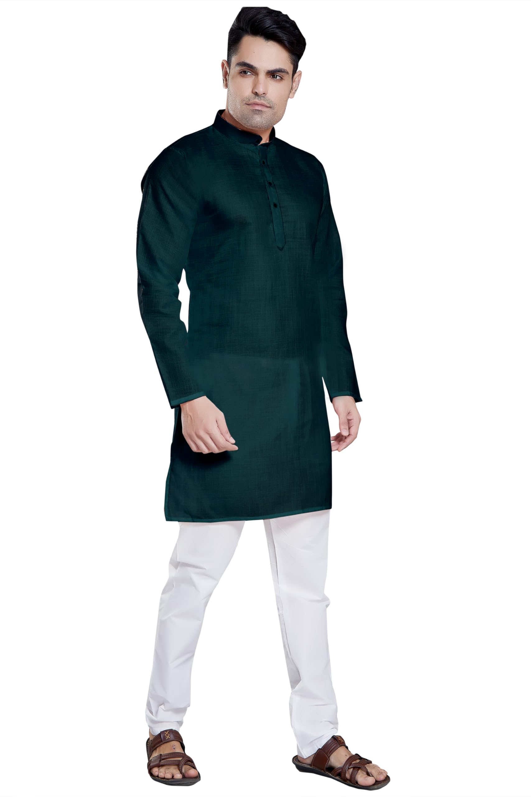 Divisive Men's Plain Cotton Blend Linen Slim Fit Kurta Pyjama Set (Dkrt58_L_Bottle Green)