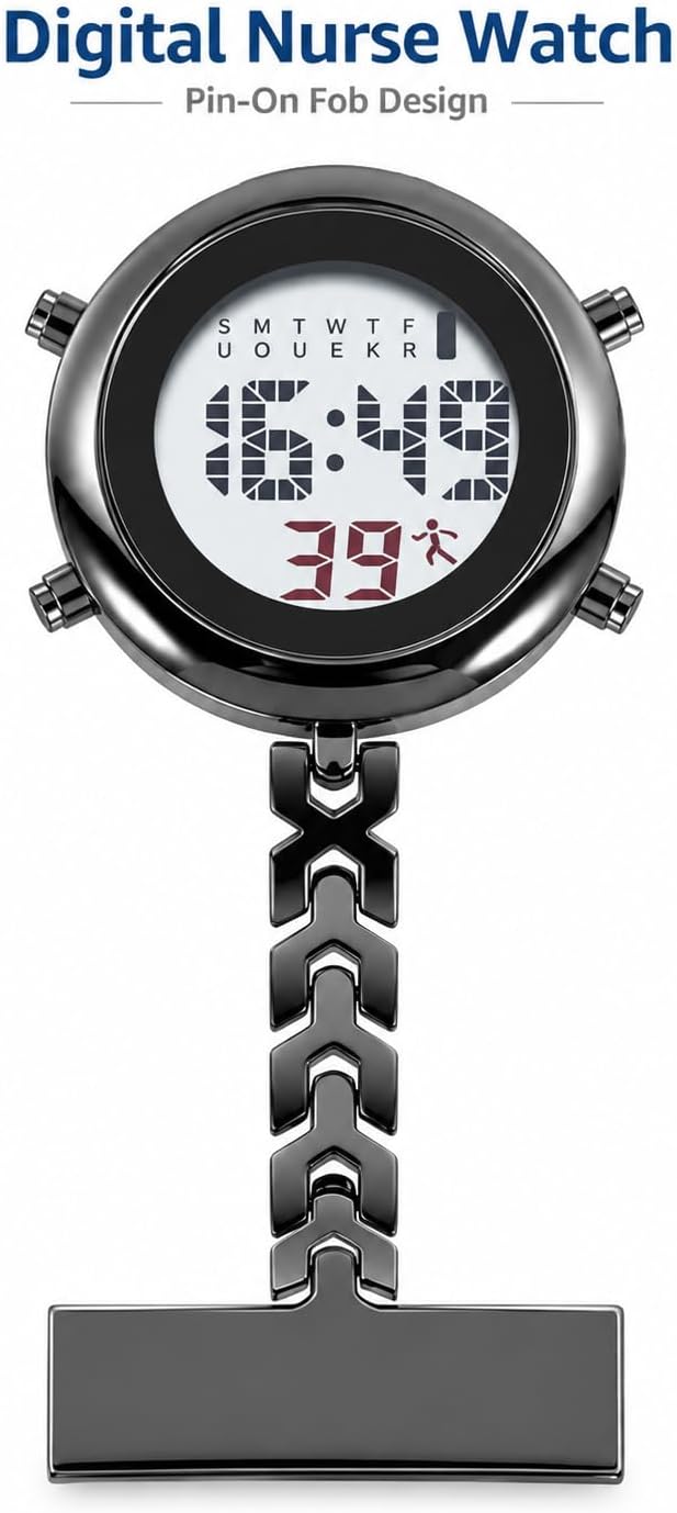 Baluue Digital Nurse Watch with Alarm, LCD Pin-On Fob Watch for Nurses