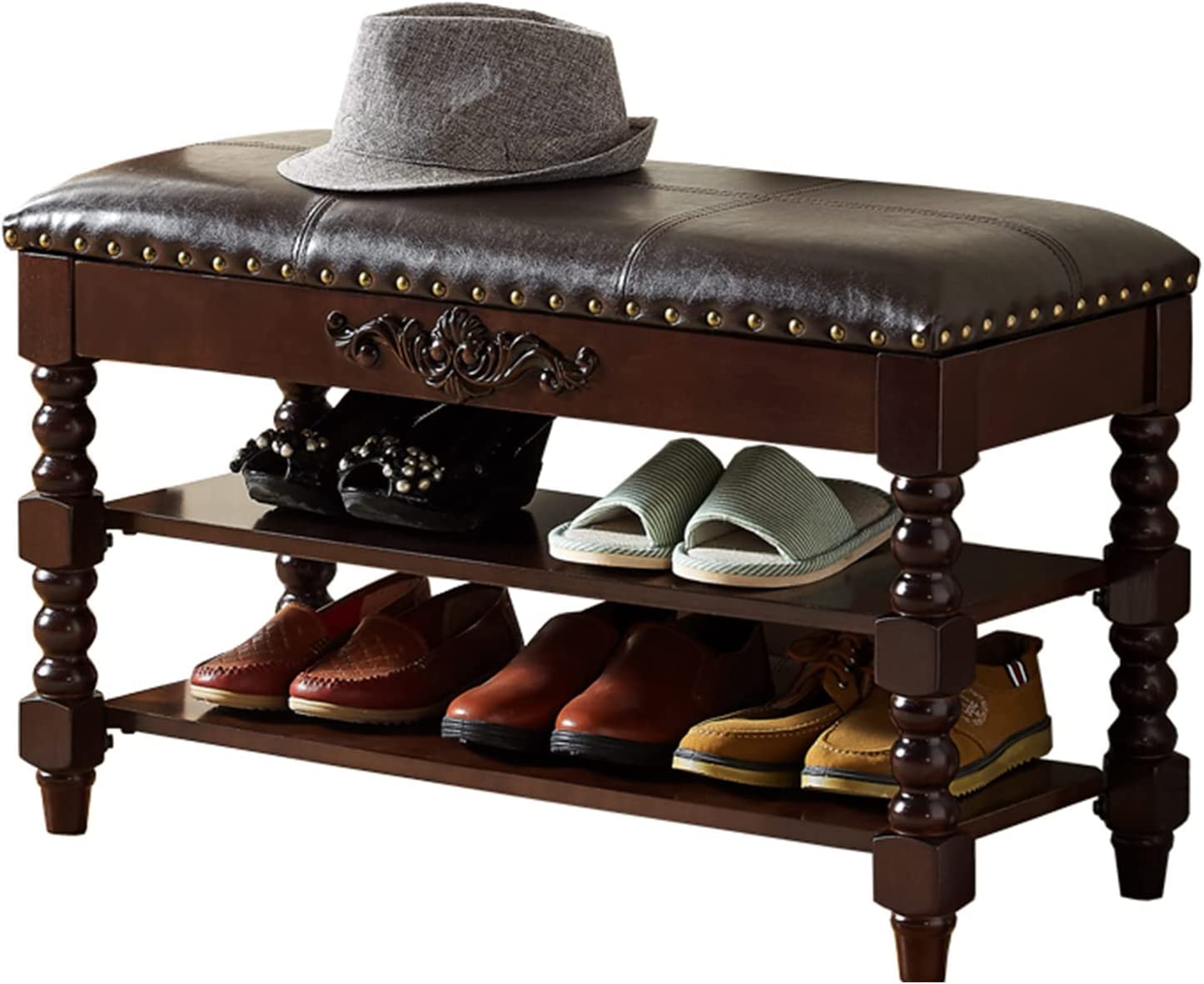 Banc de rangement en bois à 3 niveaux et cuir pour entrée