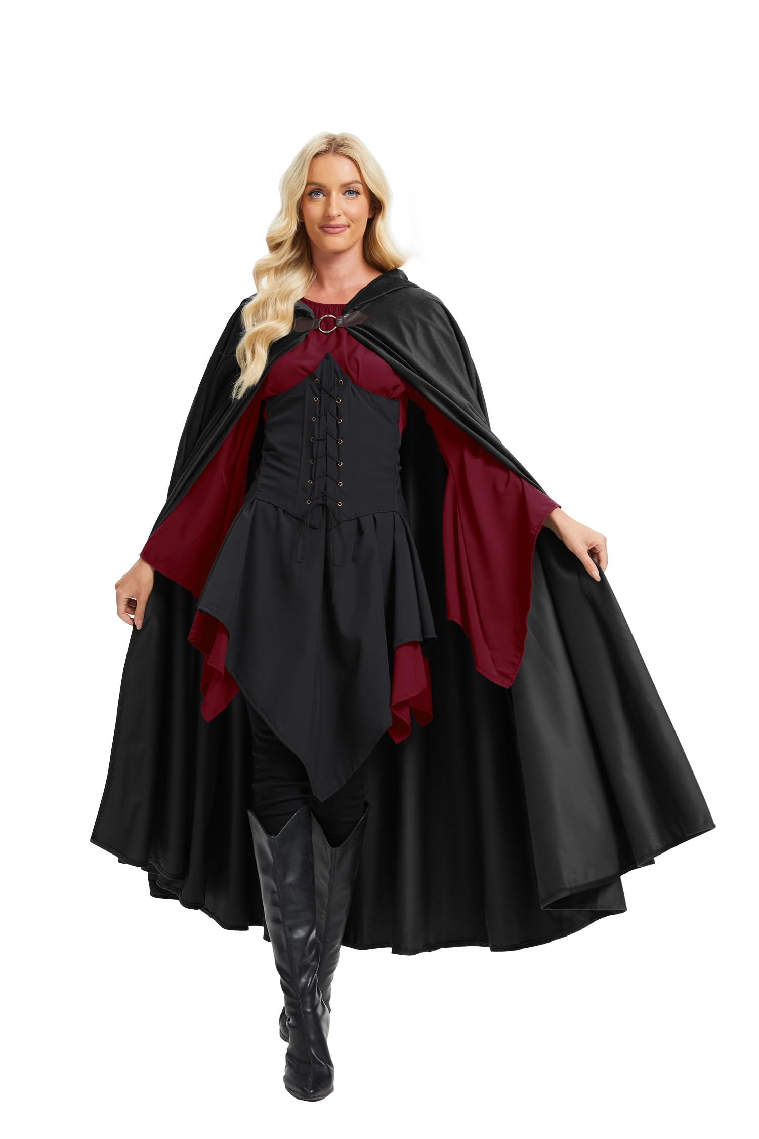 RongXuan Halloween Costume Renaissance Cape with Hood Costume Velvet Coat for Men Women Victorian Steampunk Medieval Cosplay Cape (Black